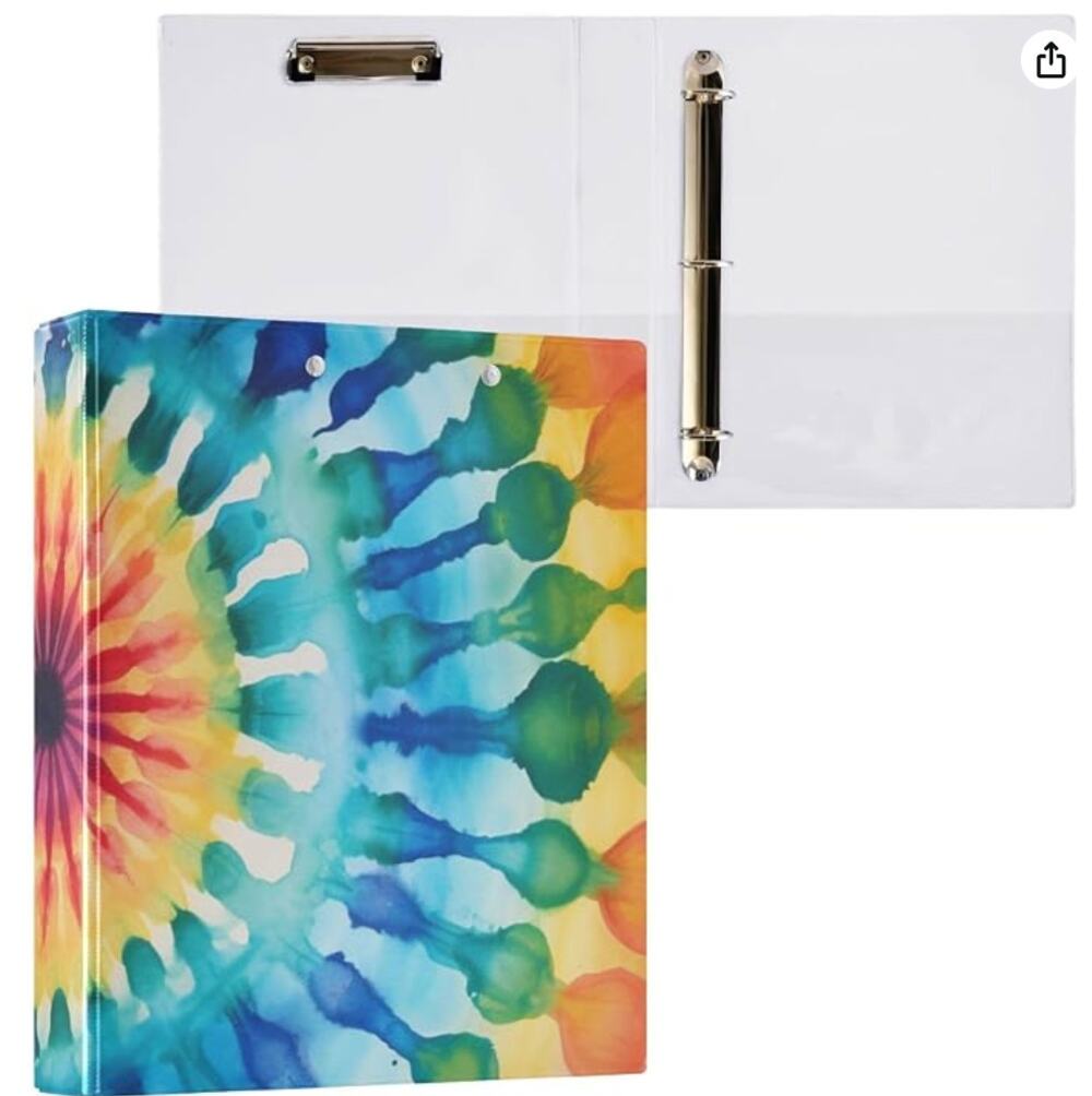 3 Ring Binder with Clipboard, 3 Interior PVC Clear Pockets- Rainbow Tiedye